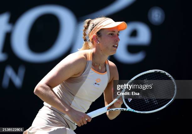 Elise Mertens of Belgium celebrates a point in the first set against Varvara Gracheva of France on Day 4 of the WTA Tour at Credit One Stadium on...