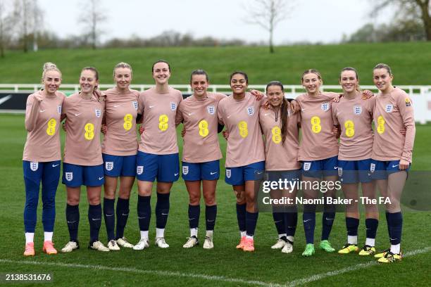 Players of England pose for a photo during a training session at St Georges Park on April 04, 2024 in Burton-upon-Trent, England.