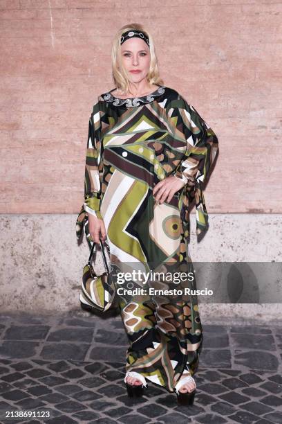 Patricia Arquette is seen arriving at the Pucci Spring / Summer 2024 "Very Vivara" fashion show at Palazzo Altemps on April 04, 2024 in Rome, Italy.