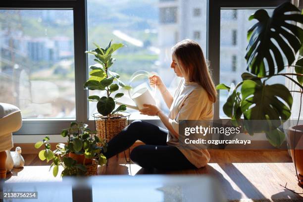 lovely housewife with flower in pot and gardening set - plants stockfoto's en -beelden