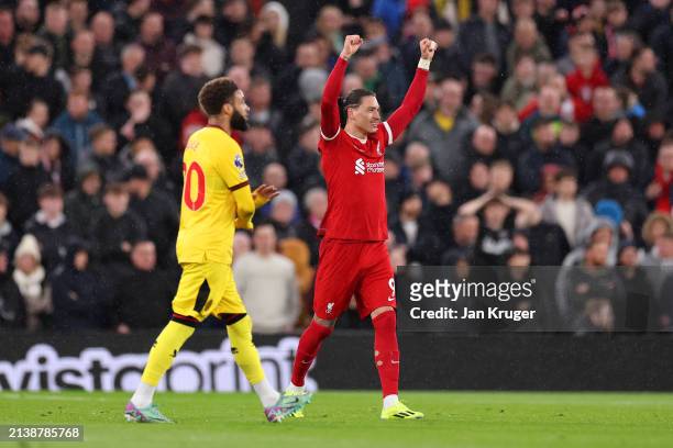 Darwin Nunez of Liverpool celebrates scoring his team's first goal during the Premier League match between Liverpool FC and Sheffield United at...