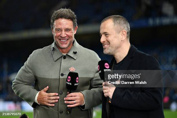 Former Chelsea players Wayne Bridge and Joe Cole react as they prepare to present on TNT Sports prior to the Premier League match between Chelsea FC...