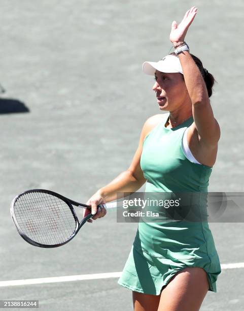 Jessica Pegula of the United States celebrates her match win over Magda Linette of Poland on Day 4 of the WTA Tour at Credit One Stadium on April 04,...