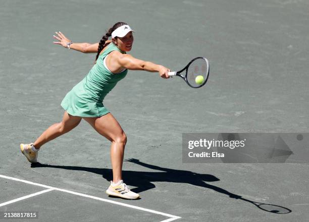 Jessica Pegula of the United States returns a shot to Magda Linette of Poland on Day 4 of the WTA Tour at Credit One Stadium on April 04, 2024 in...
