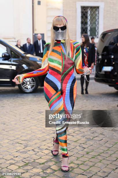 Myss Keta is seen arriving at the Pucci Spring / Summer 2024 "Very Vivara" fashion show at Palazzo Altemps on April 04, 2024 in Rome, Italy.