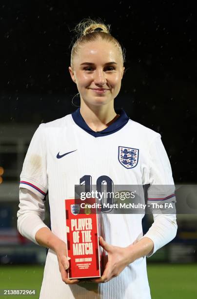 Laura Blindkilde Brown of England poses for a photograph with the EE Player of the Match award after the UEFA Women's U23 International match between...