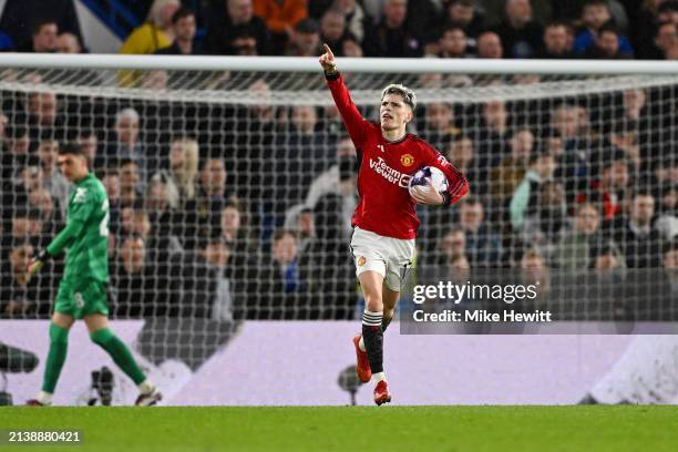 Alejandro Garnacho of Manchester United celebrates scoring his team's first goal during the Premier League match between Chelsea FC and Manchester...