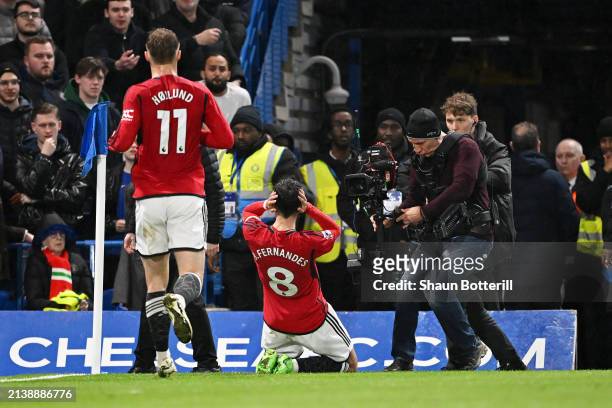 Bruno Fernandes of Manchester United celebrates scoring his team's second goal during the Premier League match between Chelsea FC and Manchester...