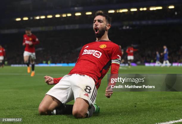 Bruno Fernandes of Manchester United celebrates scoring their second goal during the Premier League match between Chelsea FC and Manchester United at...
