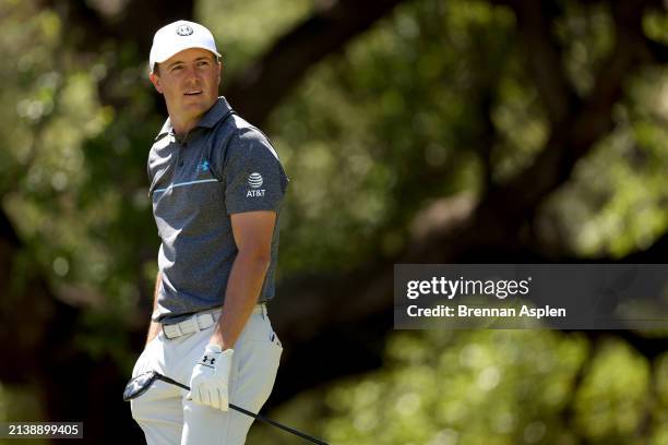 Jordan Spieth of the United States looks on during the first round of the Valero Texas Open at TPC San Antonio on April 04, 2024 in San Antonio,...