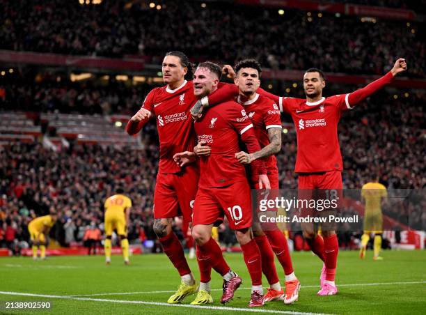 Alexis Mac Allister of Liverpool celebrates after scoring the second goal during the Premier League match between Liverpool FC and Sheffield United...