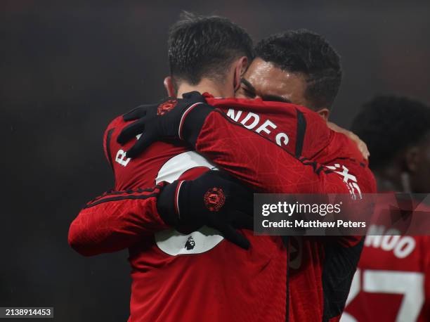 Bruno Fernandes of Manchester United celebrates scoring their second goal during the Premier League match between Chelsea FC and Manchester United at...