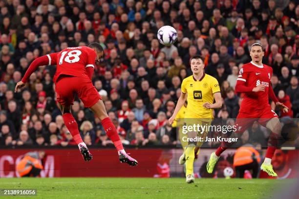 Cody Gakpo of Liverpool scores his team's third goal with a header during the Premier League match between Liverpool FC and Sheffield United at...