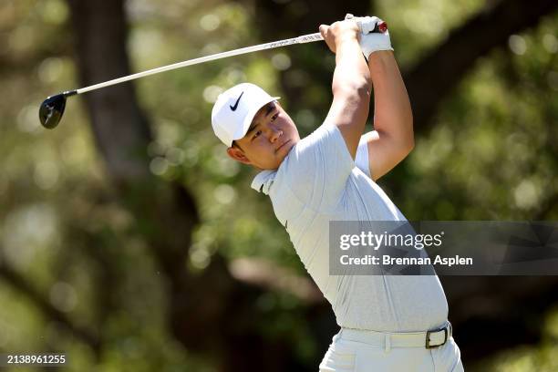 Tom Kim of South Korea plays his tee shoot on the 6th hole during the first round of the Valero Texas Open at TPC San Antonio on April 04, 2024 in...