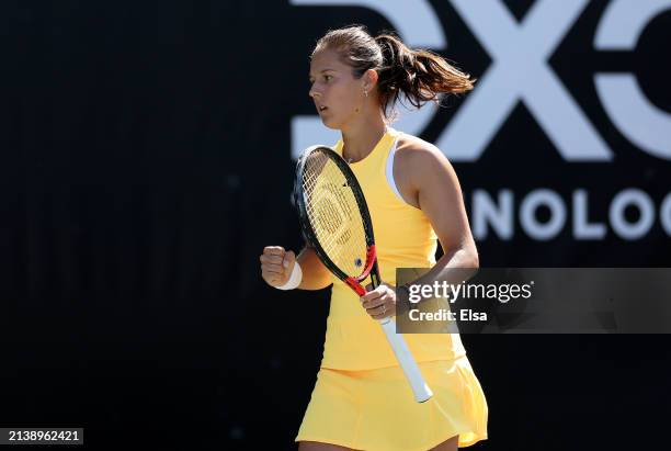 Daria Kasatkina of Russia reacts in the second set against Anhelina Kalinina of the Ukraine on Day 4 of the WTA Tour at Credit One Stadium on April...