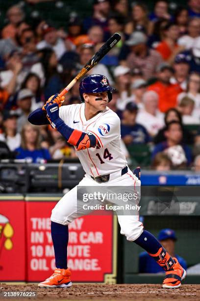 Mauricio Dubon of the Houston Astros bats against the Toronto Blue Jays at Minute Maid Park on April 03, 2024 in Houston, Texas.