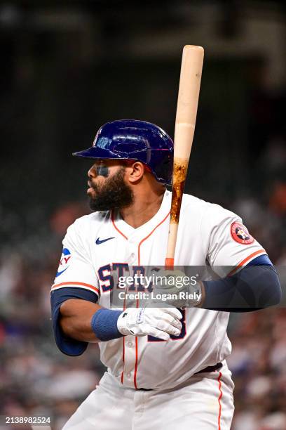 Jon Singleton of the Houston Astros bats against the Toronto Blue Jays at Minute Maid Park on April 03, 2024 in Houston, Texas.