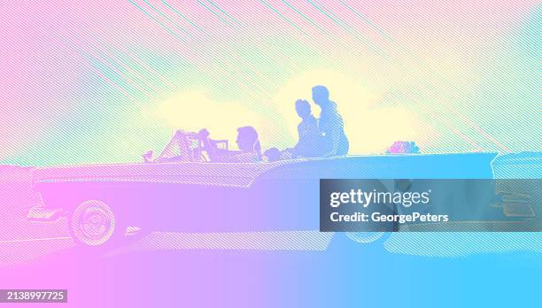 young adults riding in vintage car. 1950's retro style - woman-driving-car-1950s stock illustrations