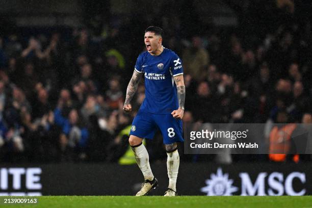Enzo Fernandez of Chelsea celebrates victory after the Premier League match between Chelsea FC and Manchester United at Stamford Bridge on April 04,...
