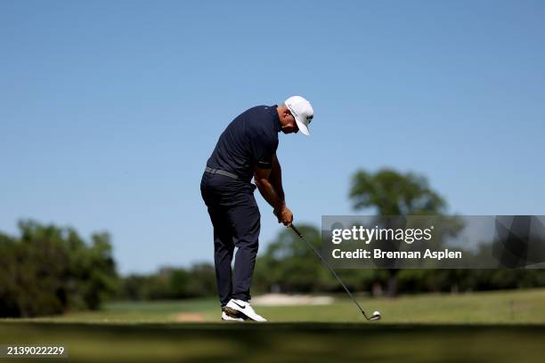 Alex Noren of Sweden plays his tee shoot from the 6th hole during the first round of the Valero Texas Open at TPC San Antonio on April 04, 2024 in...