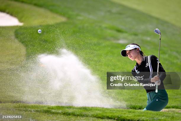 Lydia Ko of New Zealand plays a bunker shot on the seventh hole on day two of the T-Mobile Match Play presented by MGM Rewards at Shadow Creek Golf...