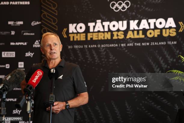 Yachting NZ CEO David Abercrombie speaks during a Paris 2024 Sailing Selection Announcement at the Royal New Zealand Yacht Squadron on April 05, 2024...