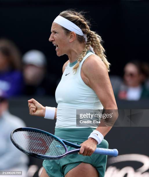Victoria Azarenka of Belarus celebrates her match Taylor Townsend of the United States in the second set on Day 4 of the WTA Tour at Credit One...