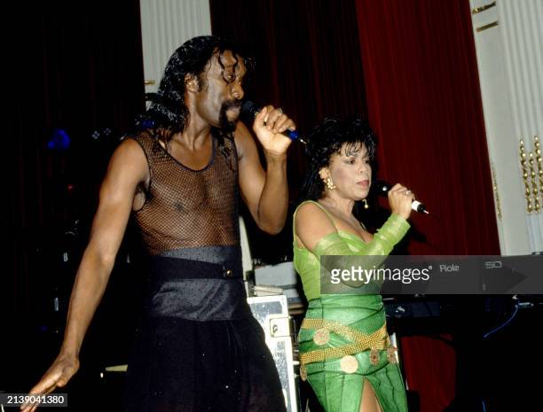 American husband-and-wife songwriting, recording duo Nickolas Ashford and Valerie Simpson sing on stage during a concert in Los Angeles, California,...