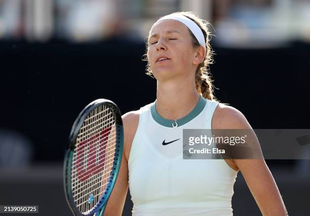Victoria Azarenka of Belarus reacts in the third set against Taylor Townsend of the United States on Day 4 of the WTA Tour at Credit One Stadium on...