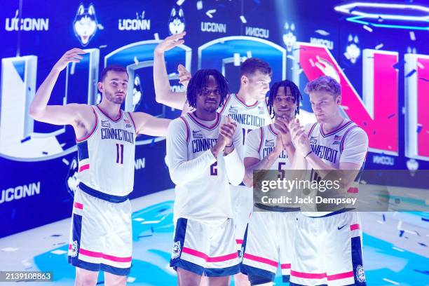 Alex Karaban, Tristen Newton, Donovan Clingan, Stephon Castle and Cam Spencer of the Connecticut Huskies pose during Media Day for the Final Four in...