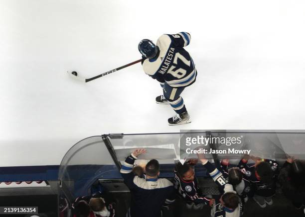 James Malatesta of the Columbus Blue Jackets warms up prior to a game against the New York Islanders at Nationwide Arena on April 04, 2024 in...