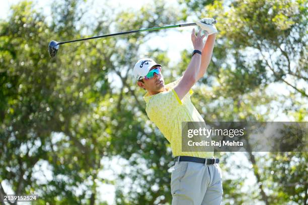 Alexander Bjork of Sweden plays his tee shoot from the 18th hole during the first round of the Valero Texas Open at TPC San Antonio on April 04, 2024...