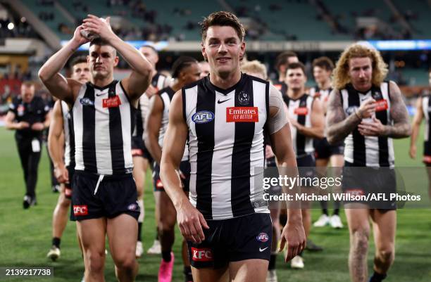 Patrick Lipinski of the Magpies celebrates during the 2024 AFL Round 04 match between the Collingwood Magpies and the Hawthorn Hawks at Adelaide Oval...