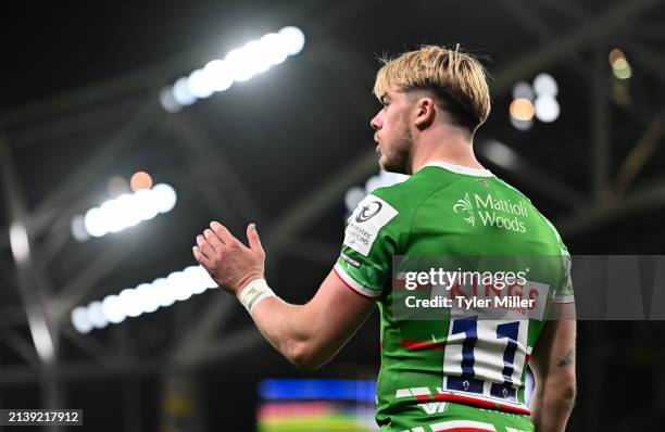 Dublin , Ireland - 6 April 2024; Ollie Hassell-Collins of Leicester Tigers during the Investec Champions Cup Round of 16 match between Leinster and...