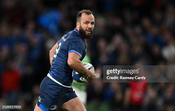 Dublin , Ireland - 6 April 2024; Jamison Gibson-Park of Leinster on his way to scoring his, and his side's, third try during the Investec Champions...