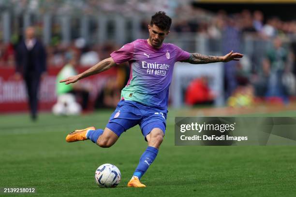 Christian Pulisic of Ac Milan controls the ball during the Serie A TIM match between AC Milan and US Lecce at Stadio Giuseppe Meazza on April 6, 2024...