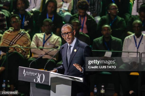 President of Rwanda Paul Kagame delivers his speech during the commemorations of the 30th Anniversary of the 1994 Rwandan genocide at the BK Arena in...