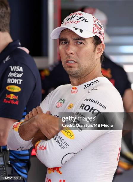 Sergio Perez of Mexico and Oracle Red Bull Racing in the garage during the F1 Grand Prix of Japan at Suzuka International Racing Course on April 7,...