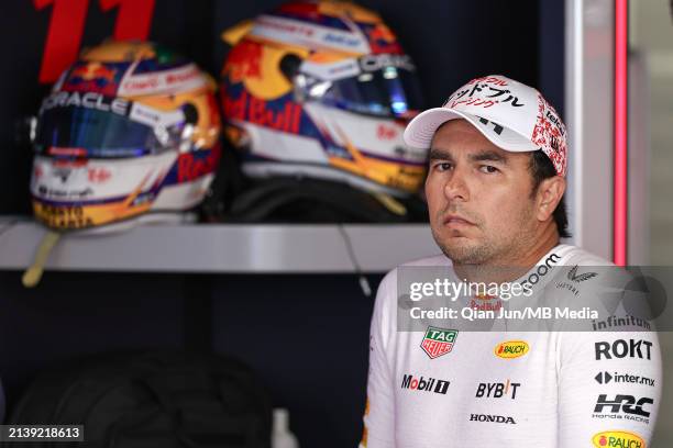 Sergio Perez of Mexico and Oracle Red Bull Racing in the garage during the F1 Grand Prix of Japan at Suzuka International Racing Course on April 7,...