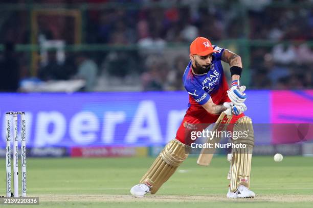 Virat Kohli of Royal Challengers Bengaluru is playing a shot during the Indian Premier League 2024 T20 cricket match between Rajasthan Royals and...