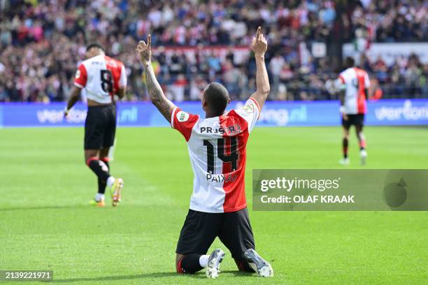 Feyenoord's Brazilian forward Igor Paixao celebrates after scoring Feyenoord's first goal during the Dutch Eredivisie football match between...