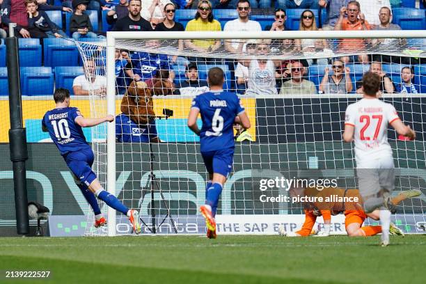 April 2024, Baden-Württemberg, Sinsheim: Soccer: Bundesliga, TSG 1899 Hoffenheim - FC Augsburg, Matchday 28, PreZero Arena. Hoffenheim's Wout...