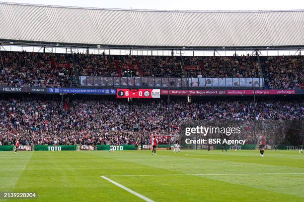 Feyenoord winning 6-0 during the Dutch Eredivisie match between Feyenoord and Ajax at Stadion Feijenoord on April 7, 2024 in Rotterdam, Netherlands.