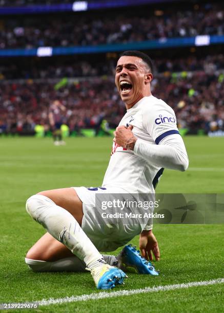 Pedro Porro of Tottenham Hotspur celebrates scoring the third goal during the Premier League match between Tottenham Hotspur and Nottingham Forest at...