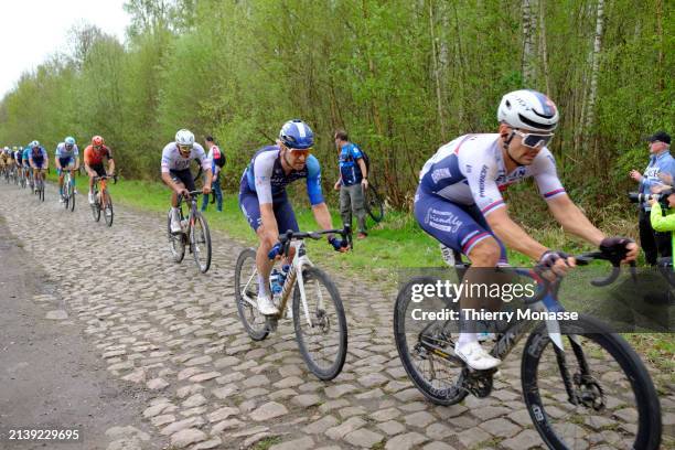 Serbian cyclist, who currently rides for UCI WorldTeam Team Bahrain Victorious Dusan Rajovic rushes onto the paved road 'La Dreve des Boules d'Hérin'...