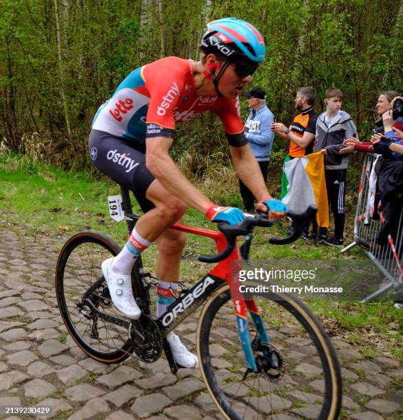 Dutch cyclist, who currently rides for UCI ProTeam LottoDstny Mathijs Paasschens rushes onto the paved road 'La Dreve des Boules d'Hérin' known as...