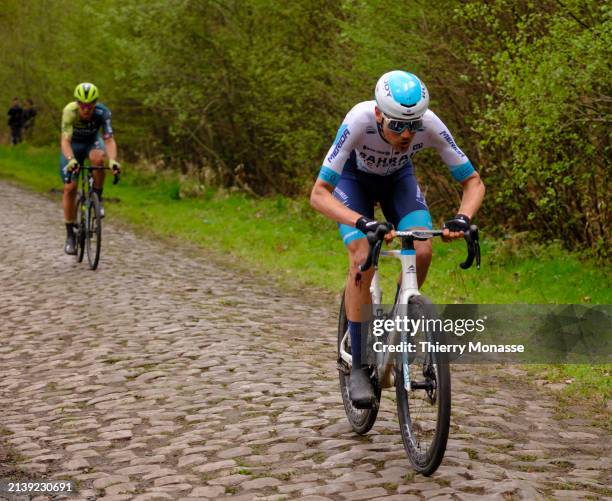 British racing cyclist, who currently rides for UCI WorldTeam Team Bahrain Victorious Alfred Brockwell Wright rushes onto the paved road 'La Dreve...