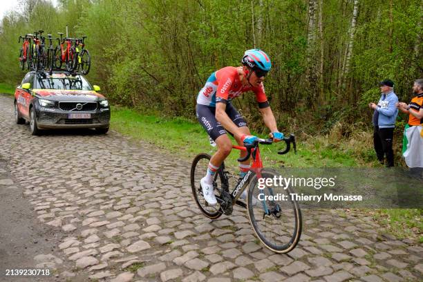 Dutch cyclist, who currently rides for UCI ProTeam LottoDstny Mathijs Paasschens rushes onto the paved road 'La Dreve des Boules d'Hérin' known as...