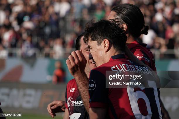 Tommaso Augello is celebrating a goal during the Serie A TIM match between Cagliari Calcio and Atalanta BC in Italy, on April 7, 2024.