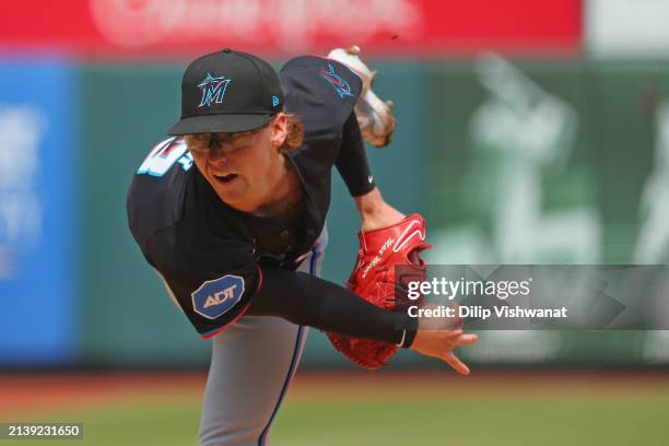 Max Meyer of the Miami Marlins delivers a pitch against the St. Louis Cardinals in the first inning at Busch Stadium on April 7, 2024 in St Louis,...